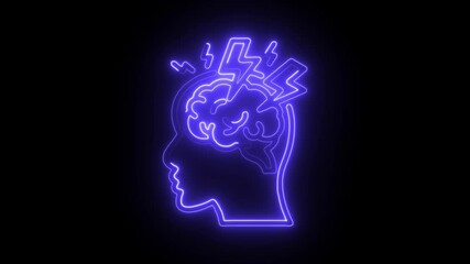 Neon head silhouette with brain and lightning bolts depicting headache or mental stress - Powered by Adobe