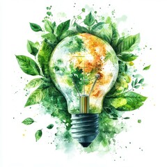 Light bulb design showcasing nature with vibrant greens and earthy tones blended in watercolor style
