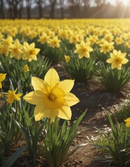 Obraz premium Glistening daffodil petals, sunny field, bright yellow blooms , vibrant, meadow