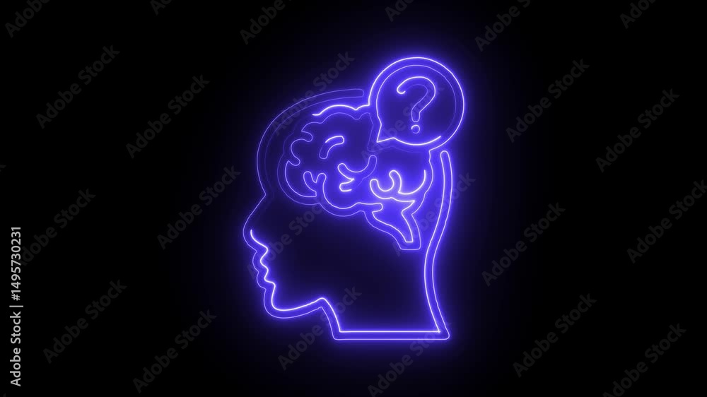 Poster neon brain silhouette with question mark concept exploring mental health and cognitive functions