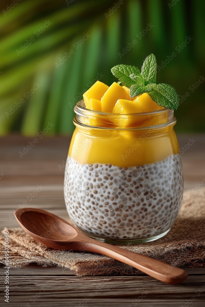 Poster chia pudding layered with mango puree displayed in jar under bright natural light. relaxed setting w
