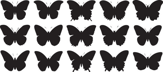 Collection of Black Butterfly Silhouettes on White Background