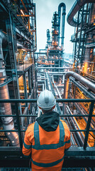 A worker in safety gear observes a large industrial plant filled with metal pipes and machinery under a cloudy sky.