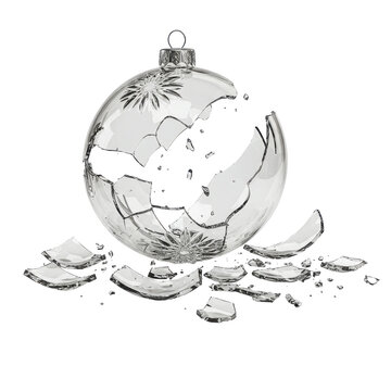 Shattered Christmas ornament lies in broken shards on dark surface, with intricate floral design