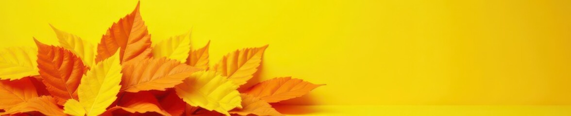 Pile of bright yellow and orange leaves against a matching yellow , yellow backdrop, maple, harvest
