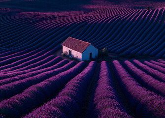 Fototapeta premium Picturesque lavender fields at sunset in summer. Vibrant purple lavender fields stretch across summer landscape, basking in warm golden sunset light, inviting travel.
