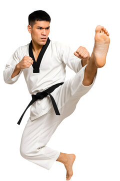 Karate martial arts kick fighter training combat sport black belt pose on transperant baground 