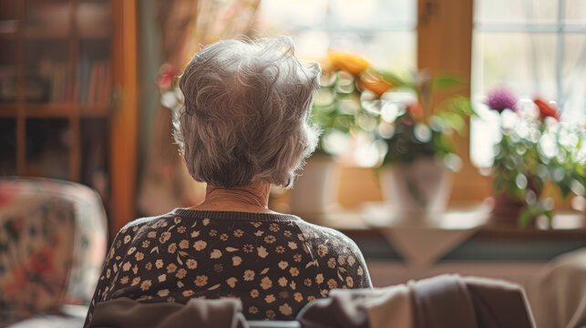 An elderly woman sits indoors facing a window, surrounded by blooming potted plants in soft natural light.