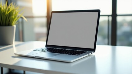 A modern laptop on a minimalist desk, displaying a responsive website design, with natural lighting and a blurred background, for laptop mockup