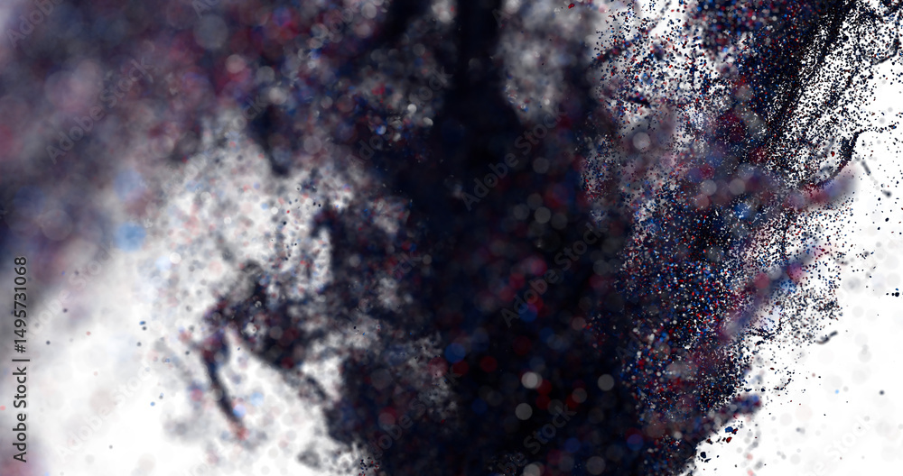 Poster Grunge textured background with dark blue and red particles exploding on white