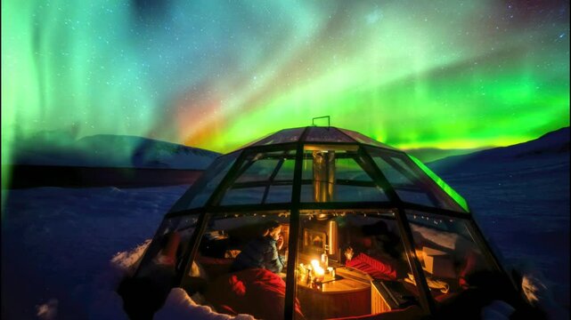 Glass igloo under the Northern Lights, with people gathered around a cozy fire inside. A magical winter escape with vibrant auroras and snow-capped mountains