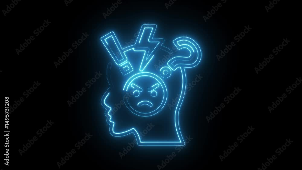 Poster neon head with anger frustration and problem solving idea generation concept animation