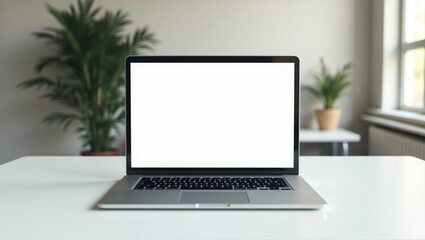 A modern laptop on a minimalist desk, displaying a responsive website design, with natural lighting and a blurred background, for laptop mockup