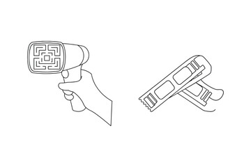 A black and white illustration of a hair dryer and a pair of hair clips