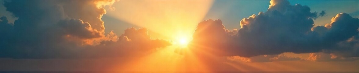 Obraz premium Intense solar rays burst through a partly cloudy sky, casting dramatic light and shadow Perfect for illustrating concepts of energy, warmth, and the power of nature , light, atmospheric, vivid