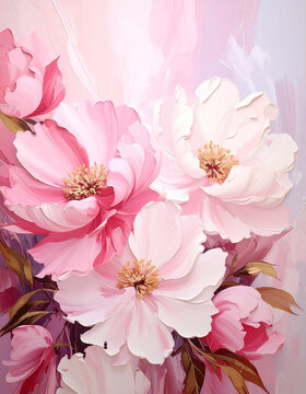 Fototapeta Beautiful oil painting of spring or summer flowers, pink tones. Floral design. Textured hand drawn