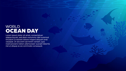 World Ocean Day Background - Deep Sea or Underwater Vector Illustration Banner For Eco-Awareness Campaigns, Environmental Posters, Nature-Themed Events, Promotions, Social Media post and Web Banner