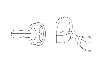 Simple outline drawing of a key and two parts of a bow on white background