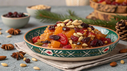 Festive christmas fruit compote with pine nuts