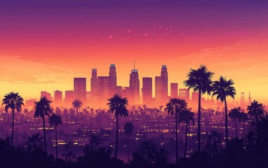 los angeles skyline at sunset, silhouette with palm trees