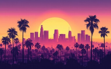 los angeles skyline at sunset, silhouette with palm trees