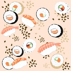 Cute sushi pattern, in different varieties, with sesame, salmon, cucumber, in the colors brown, black, red, orange and green
