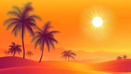 Orange Sunset Silhouetted Palms and Desert Dunes, Beach , Vacation