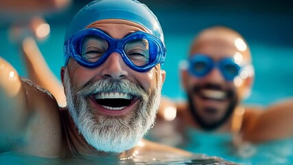 Two men are smiling and laughing while swimming in a pool. One of them is wearing a blue swim cap and goggles - Powered by Adobe