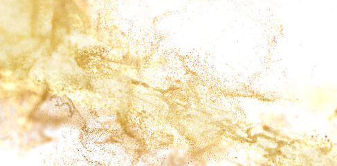 Abstract gold glitter explosion on white. Perfect for luxury, festive, or cosmetic designs.