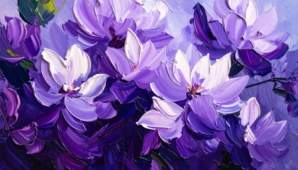 Beautiful oil painting of spring or summer flowers, purple tones. Floral design. Textured hand drawn