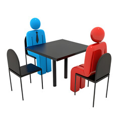 Fototapeta premium 3D Rendering: Two Abstract Figures (Blue and Red) Sitting at a Black Table, Facing Each Other (on Transparent Background)