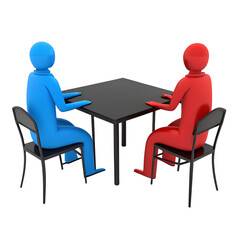 Fototapeta premium 3D Rendering: Two Abstract Figures (Blue and Red) Sitting at a Black Table, Facing Each Other (on Transparent Background)