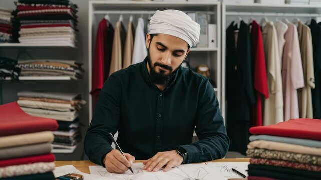 A designer creates unique clothing sketches among vibrant fabric stacks in a creative space