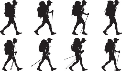 Six Silhouettes of Hikers with Backpacks and Trekking Poles