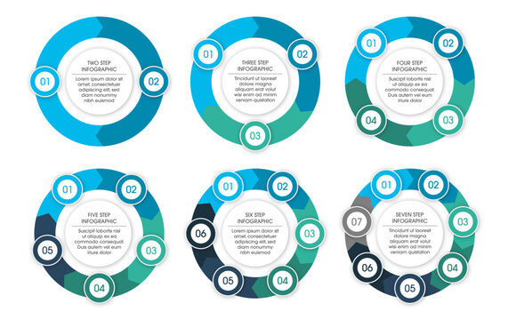 Set of Circle with Arrows Infographic Diagrams with 2, 3, 4, 5, 6, and 7 Segments/Sections