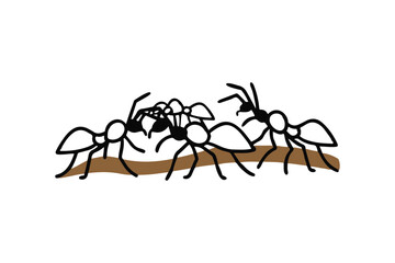 Marching Ant Colony Abstract Vector Illustration, Minimalist Colony March, Tiny Silhouettes Over Unique Terrain, Isolated on White.