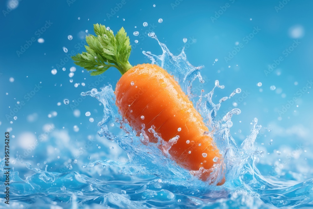 Poster single carrot splashes into clear water in a freeze frame with vibrant droplets capturing action. fr