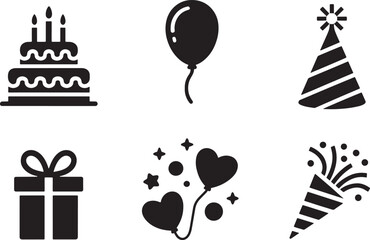 Naklejka premium Black and white illustrated icons representing birthday celebration elements party concepts.