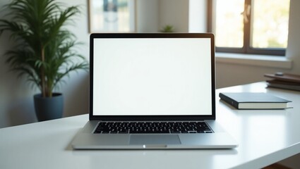 A modern laptop on a minimalist desk, displaying a responsive website design, with natural lighting and a blurred background, for laptop mockup
