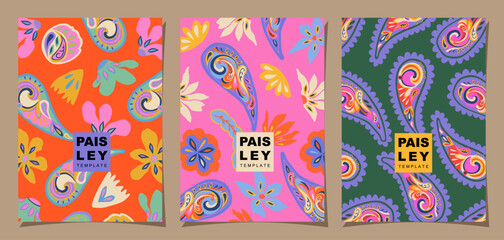 Paisley design set for templates, posters, cards, cover, labels, banners, backgrounds in modern colorful style, abstract print collection. Vector illustrations.