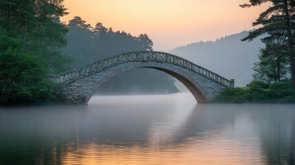 Fototapeta premium Ancient stone arch bridge over misty lake at dawn
