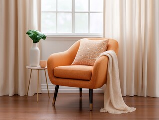 Cozy orange armchair with textured cushion and soft throw blanket, positioned beside a small table and a potted plant, creating a warm and inviting living space atmosphere