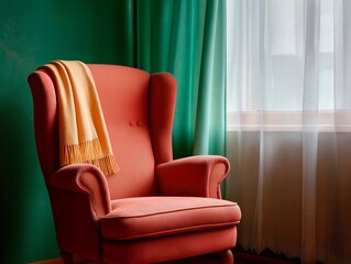 Obraz premium Cozy armchair with orange throw blanket sits against a vibrant green wall, illuminated by soft natural light filtering through sheer curtains, creating a warm and inviting atmosphere