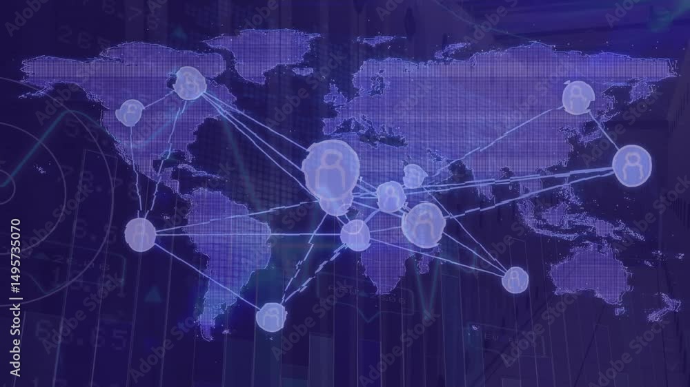 Aufkleber after europe node pulsing, global nodes appearing and connecting via lines visualizing data flow
