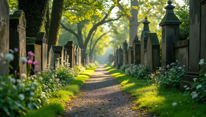 Historic Garden Cemetery Path Lined with Colorful Summer Flowers and Aged Tombstones Under Lush Green Trees, Serene Resting Place with Floral Beauty and Peaceful Atmosphere