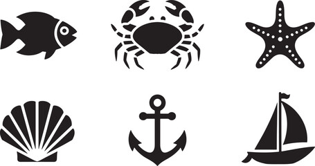 Obraz premium Collection of black and white nautical icons featuring a fish crab seashell anchor and sailboat