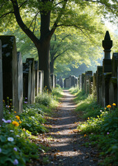 Historic Garden Cemetery Path Lined with Colorful Summer Flowers and Aged Tombstones Under Lush Green Trees, Serene Resting Place with Floral Beauty and Peaceful Atmosphere