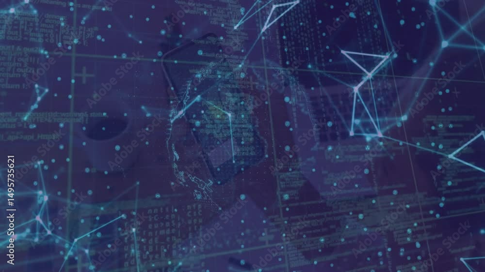 Poster On start holographic globe rotating while glowing nodes pulsing over desk showing global network