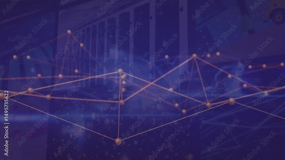 Poster network growing golden nodes appearing while blue wave flowing, nodes pulsing showing connectivity