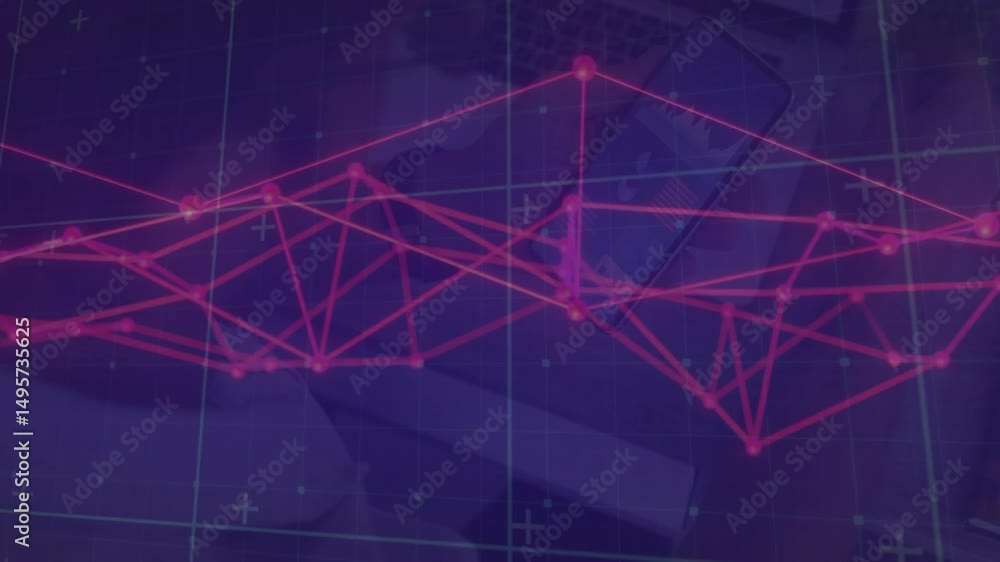 Poster red node appearing at left edge, waveform building and oscillating to visualize data over desk grid